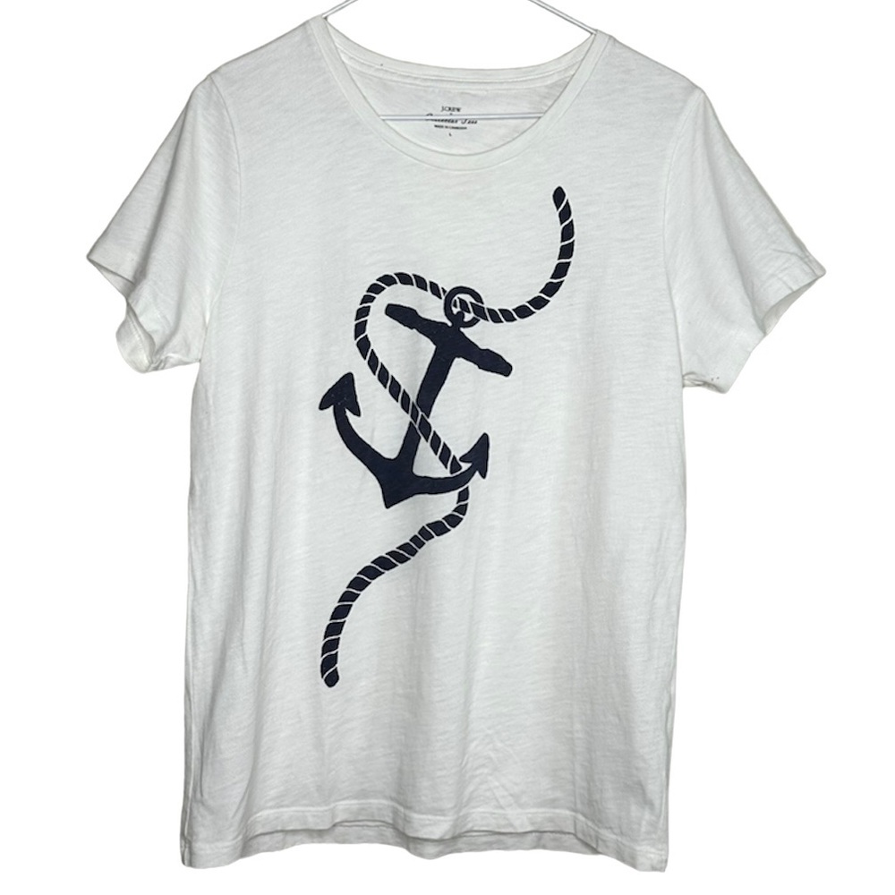 J. Crew White Short Sleeve Tee with Navy Anchor Graphic size large